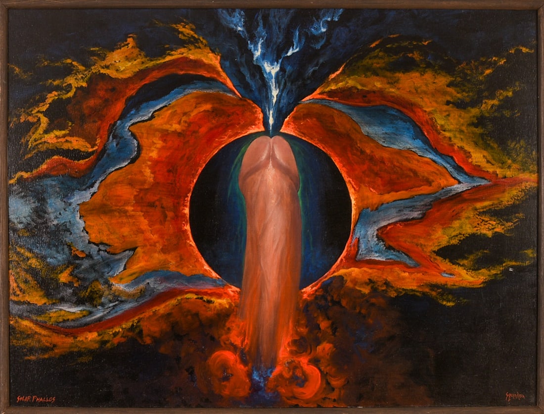 John Squadra (b. 1932). Solar Phallos.: Oil on board, signed. Sight 30 x 40 inches. Framed 31.5 x 40.5 inches.