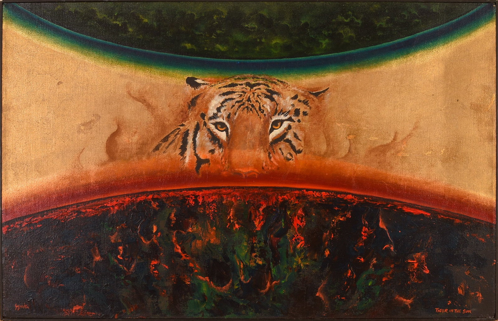 John Squadra (b.1932). Tiger in the Sun. 1981.: Oil on canvas, signed, poem attached to back. Sight 28.25 x 44.5 inches. Framed 28.75 x 45 inches.
