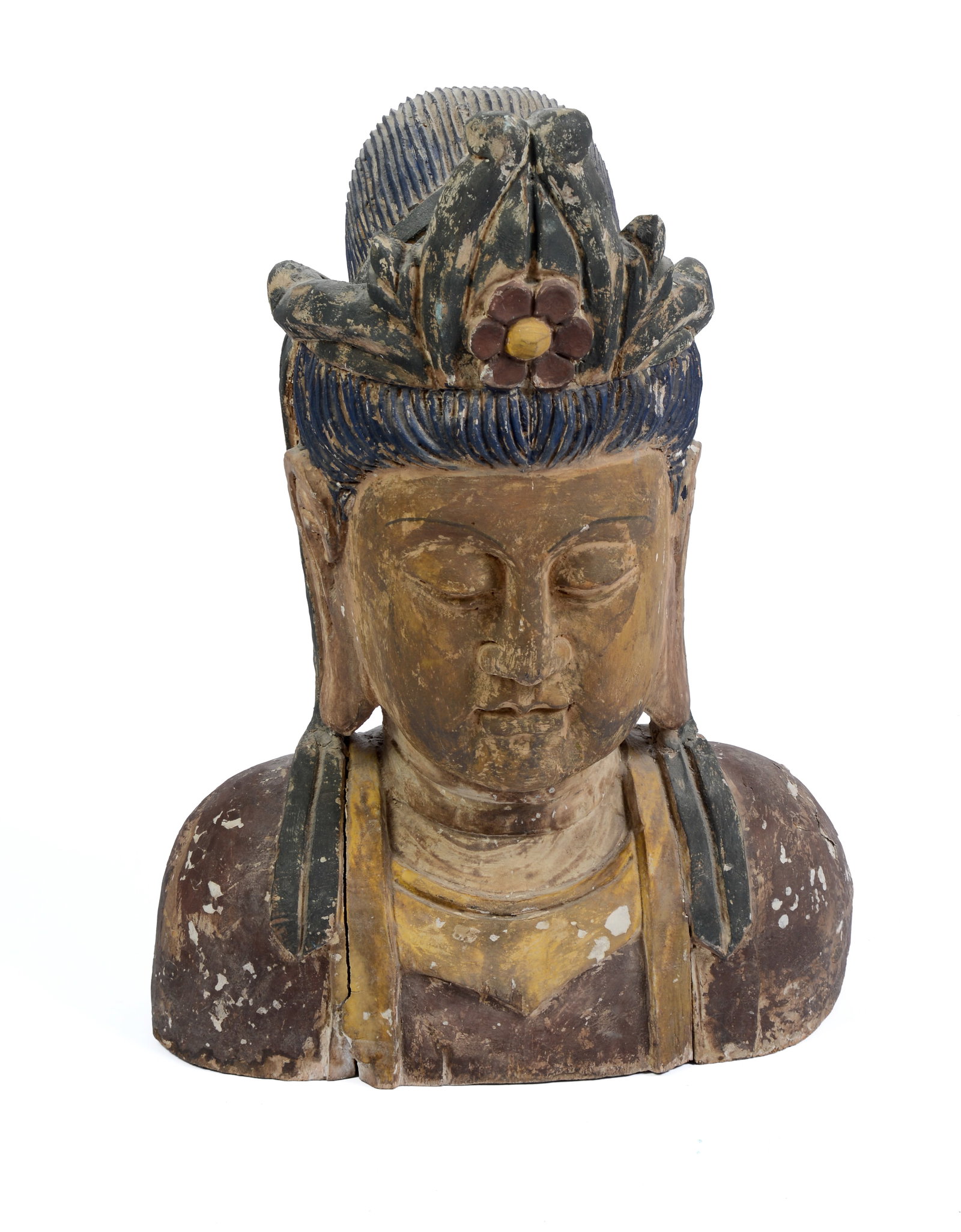 Large Carved Wooden Bust of a Bodhisattva. (1 of 3)