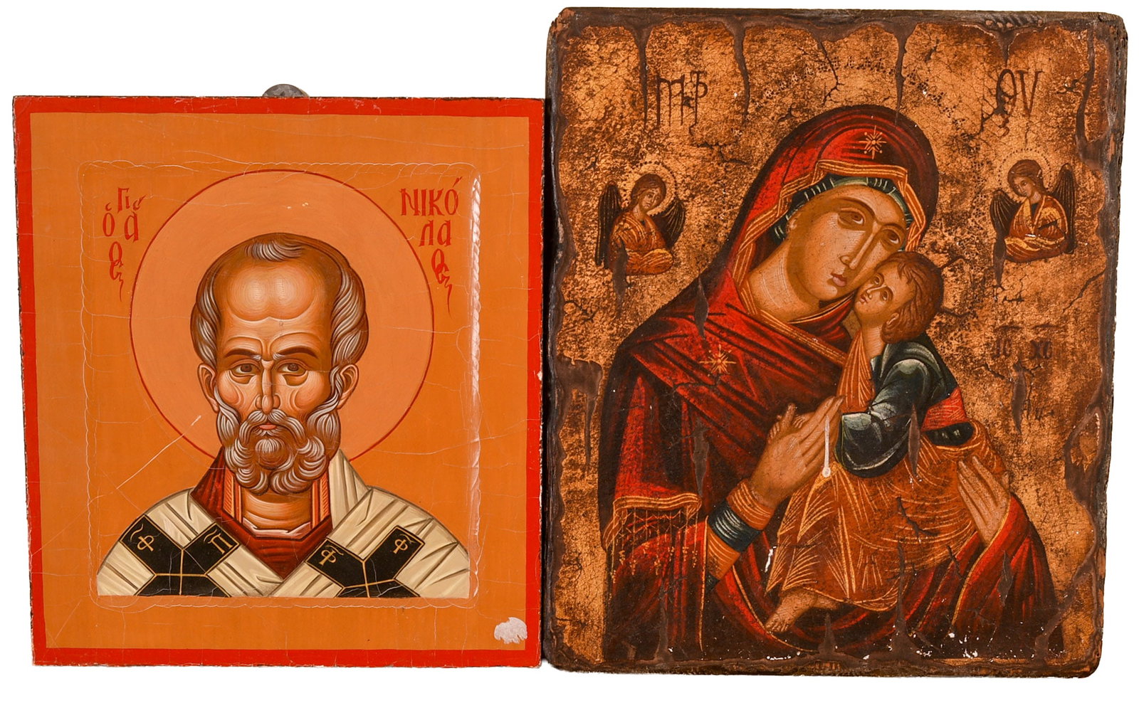 Two Greek Icon Paintings.: 14 x 12 and 12 x 11 inches. One by Byzantio Workshop.