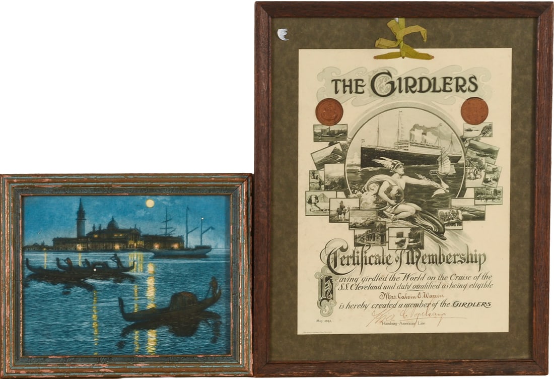Girdlers Certificate and Venice by Night Print.: Framed, 17 x 13.5 and 9 x 11.5 inches.