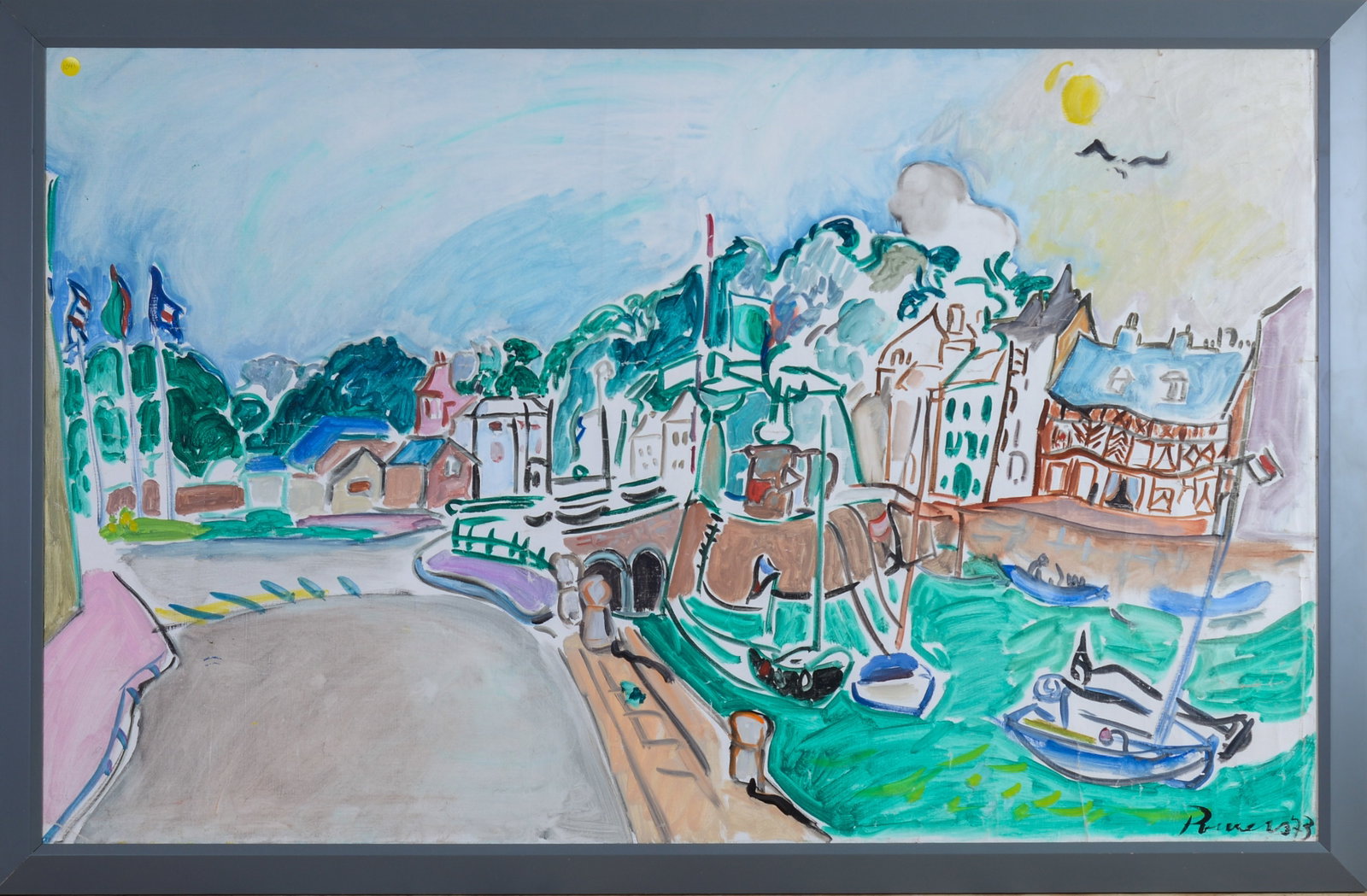 Marilyn Powers (1925-1976). European Harbor Scene.: Oil on canvas, 32 x 49 inches, signed and dated 1973. Framed.
