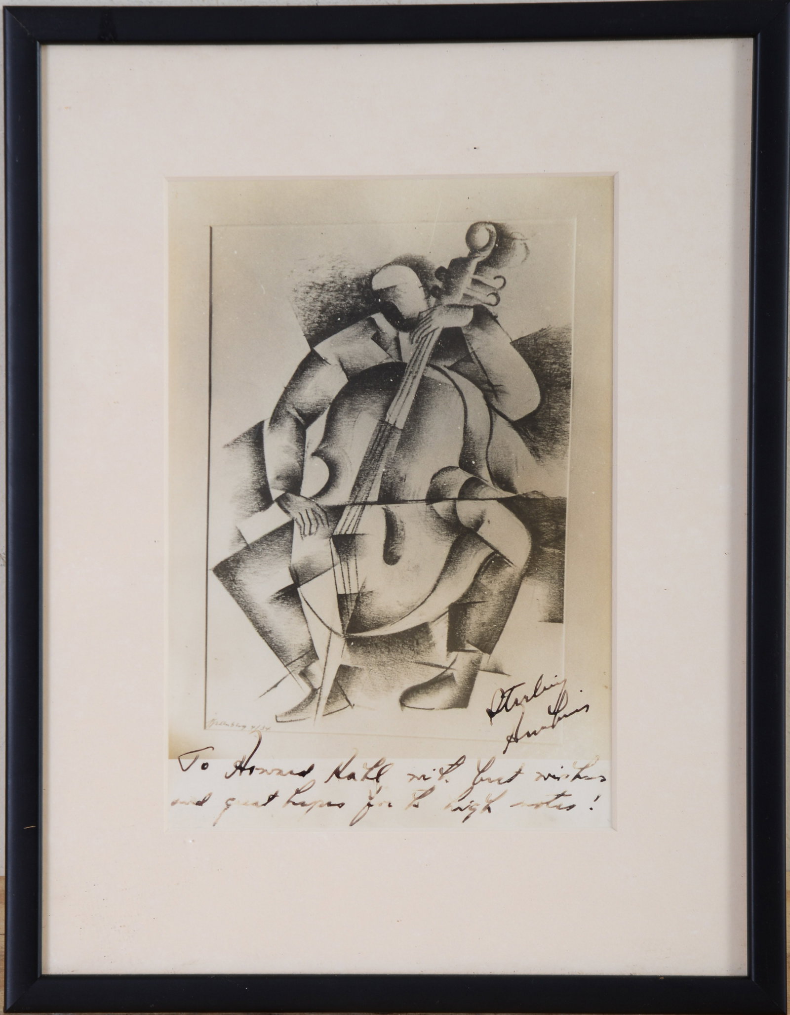 Signed Cubist Print of a Man Playing a Cello.: 9.5 x 6.5 inches, sight. Framed, 14.5 x 11.5 inches.