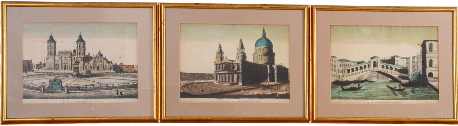 Three Early Architectural Engravings.: St. Paul's Cathedral, Ponte di Rialto, and Mexico's Plaza Mayor. Frames 15 x 19 inches.