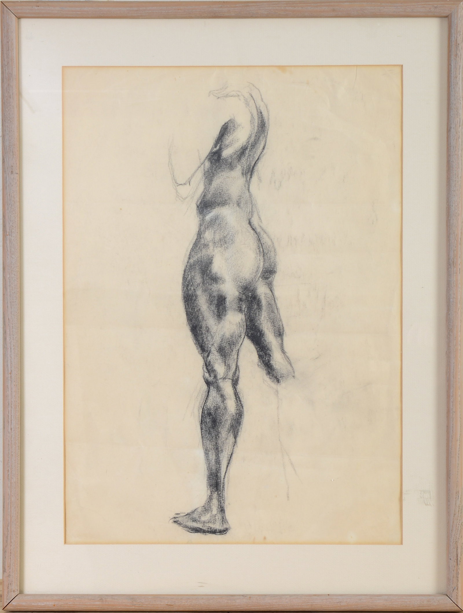 Charcoal Drawing of a Nude Figure.: 22 x 15.5 inches, sight. Framed, 21.5 x 28.5 inches.