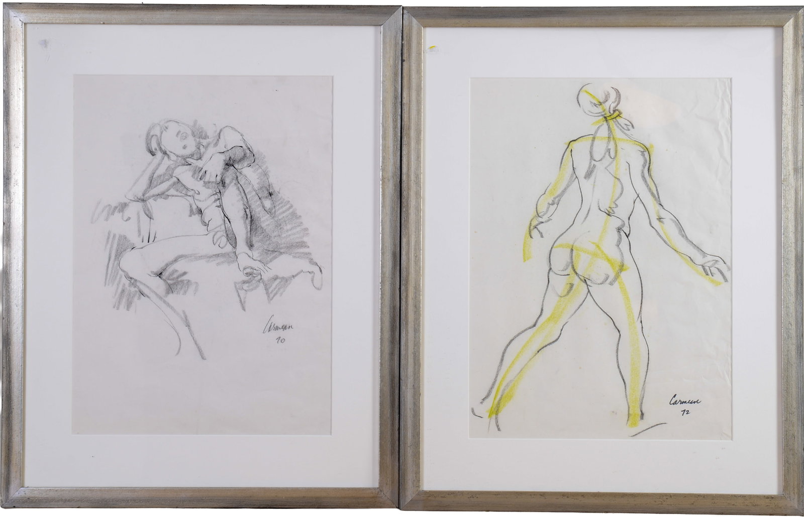 Two Charcoal Drawings of Nude Figures.: 21 x 15 inches, sight, signed and dated 1972 lower right. Framed, 28 x 23 inches.
