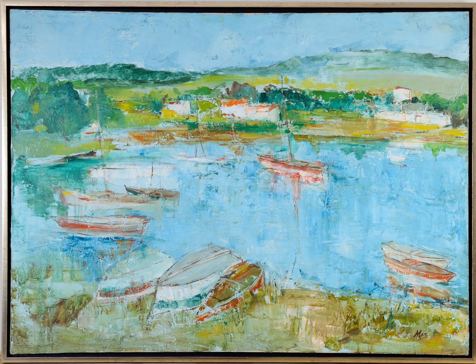 Large European Impressionist Scene With Dorys.: OIl on canvas, 36 x 48 inches, signed Min lowwer right.
