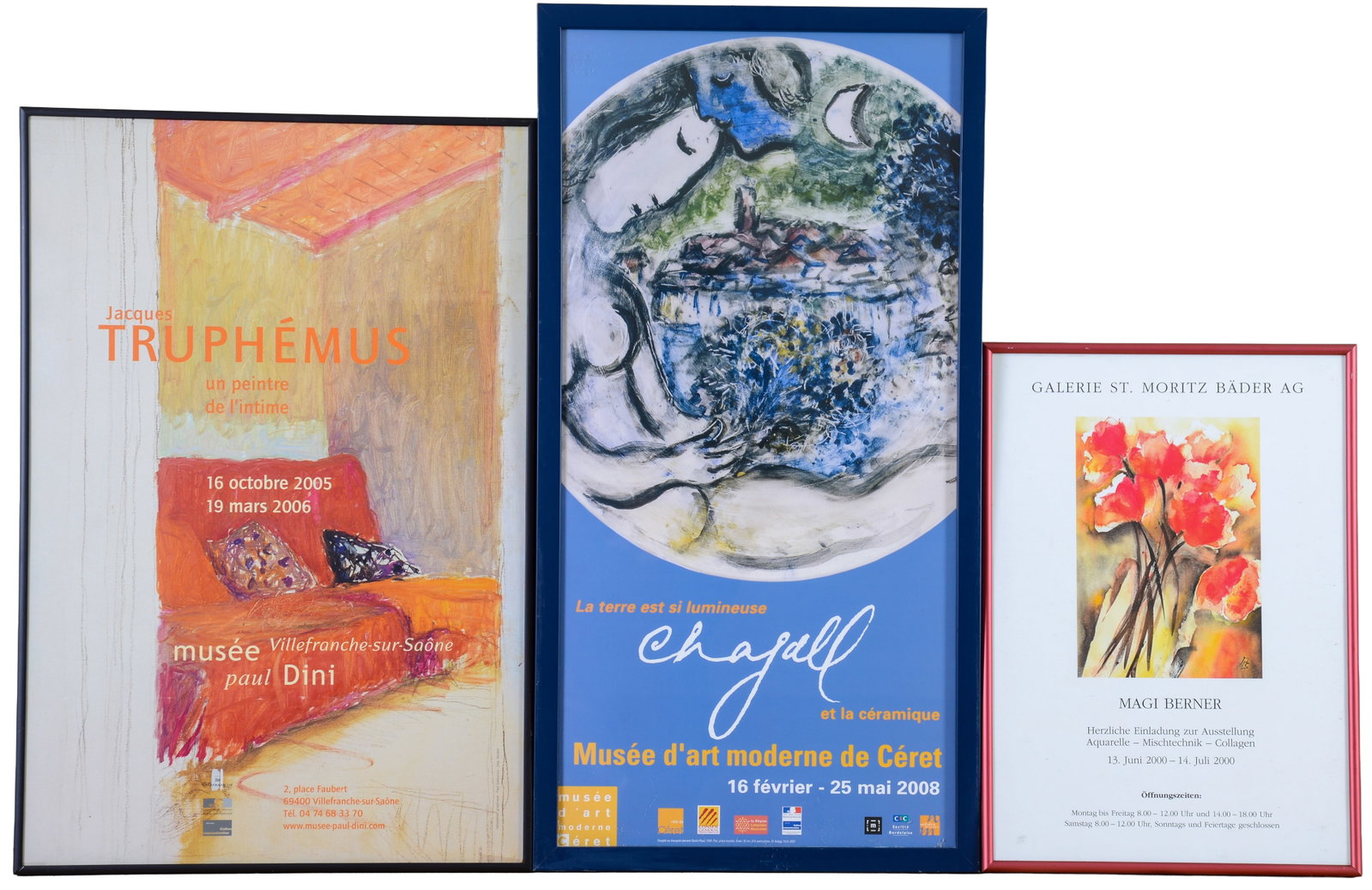 Three French Exhibition Posters.: Chagall, Magi Berner and Jaqcues Truphemus. Framed, 27 x 14, 16.5 x 12 and 24 x 16 inches.