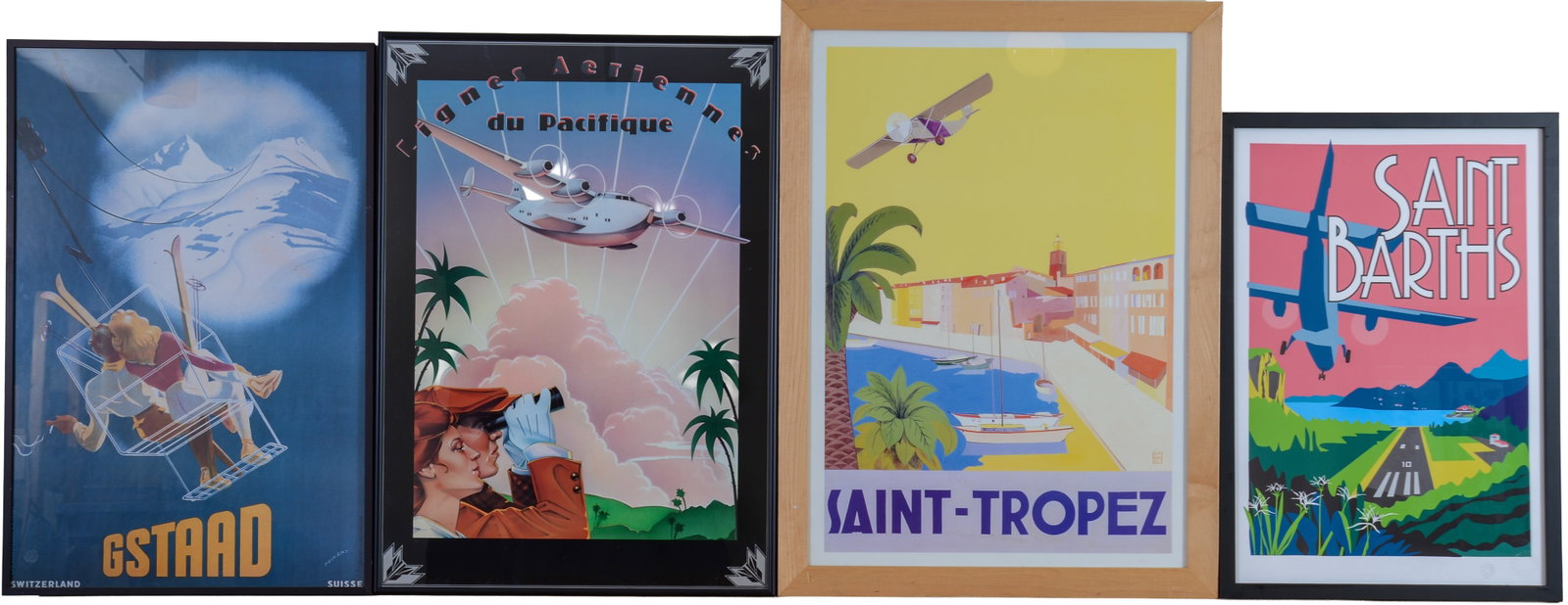 Four Travel Posters.: Saint Barths, Gstaad Switzerland, Saint-Tropez, and Lignes Aerrianes. Framed, largest 30 x 22 inches.