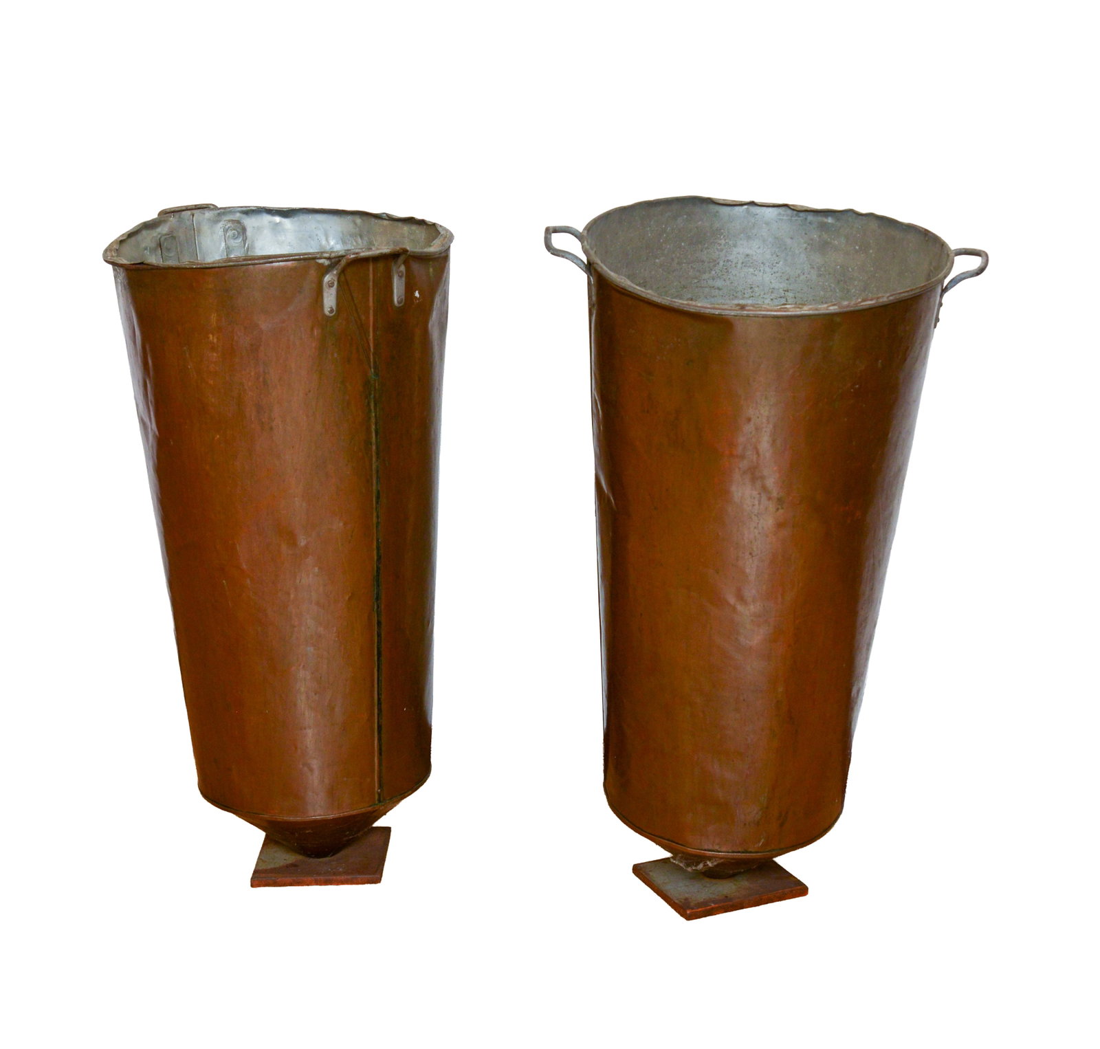 Pair of Large Continental Copper Vessels.: Height 38 inches, diameter 20 inches. Mounted with later bases, not very stable. Some dents.
