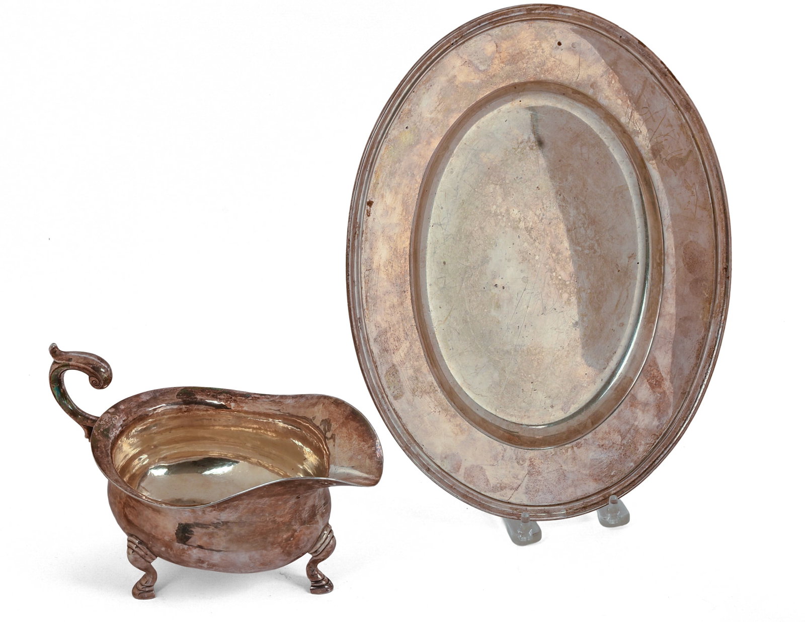 Gebelein Sterling Silver Sauce Boat and Understray.: Sauceboat 8.25 x 5 x 5 inches, tray 9.5 x 12 inches. 1,350 grams.