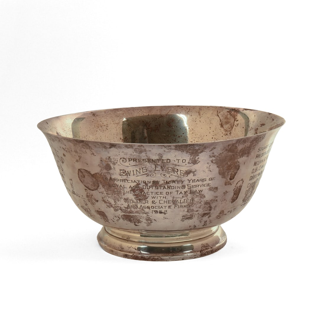 Paul Revere Reproduction Sterling Silver Bowl.: Height 5.5 inches, diameter 11 inches, engraved for Ewing Everett. 1180 grams.