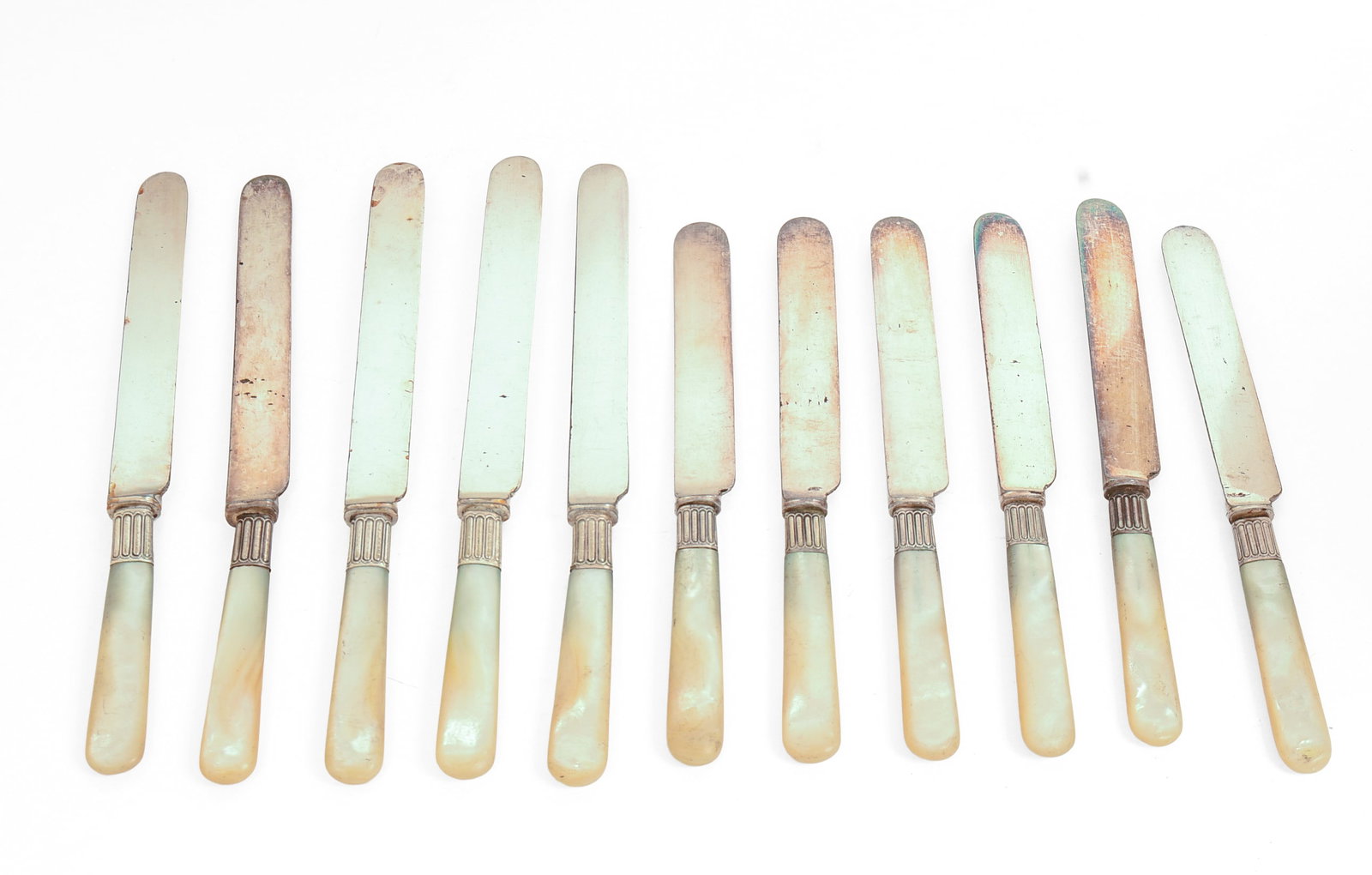11 Mother of Pearl Handle Knives.: Length 9 inches.