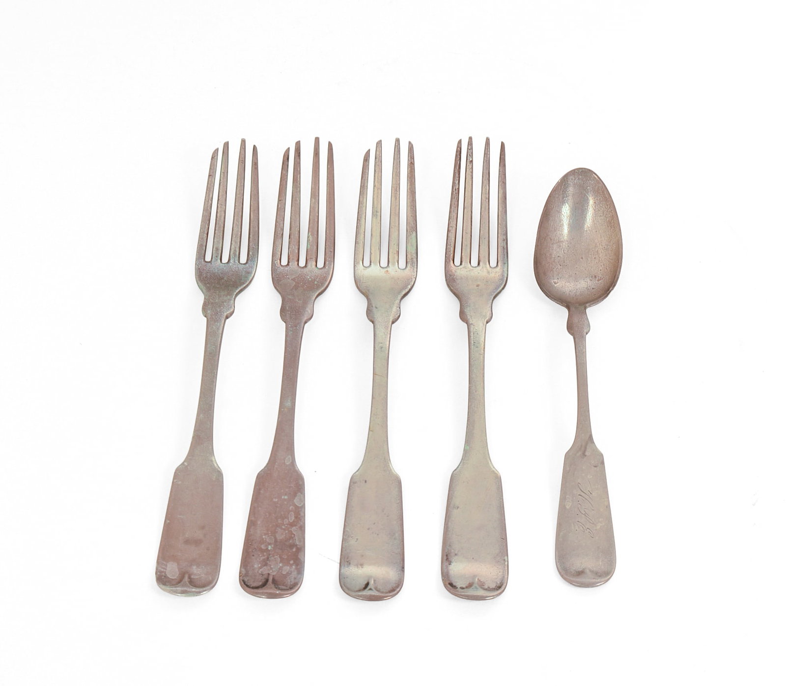 Four Gowd & Peabody Coin Silver Forks and a Sterling Spoon.: 200 grams, length of forks 6 inches.