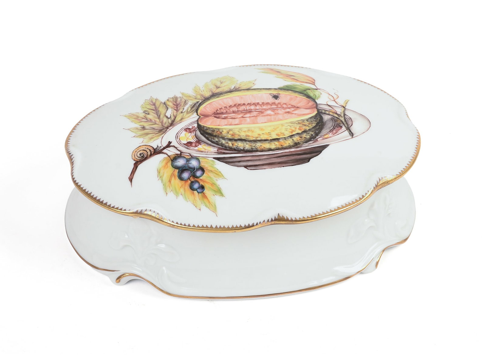 Anne Weatherley for Nina Hyde Covered Box.: Handpainted porcelain, 8 x 5.5 x 2.5 inches. The bottom inscribed "Made in memory of Nina Hyde, September 24, 1996, Washington DC." This box is one of 75 created by Weatherley as a gift for the