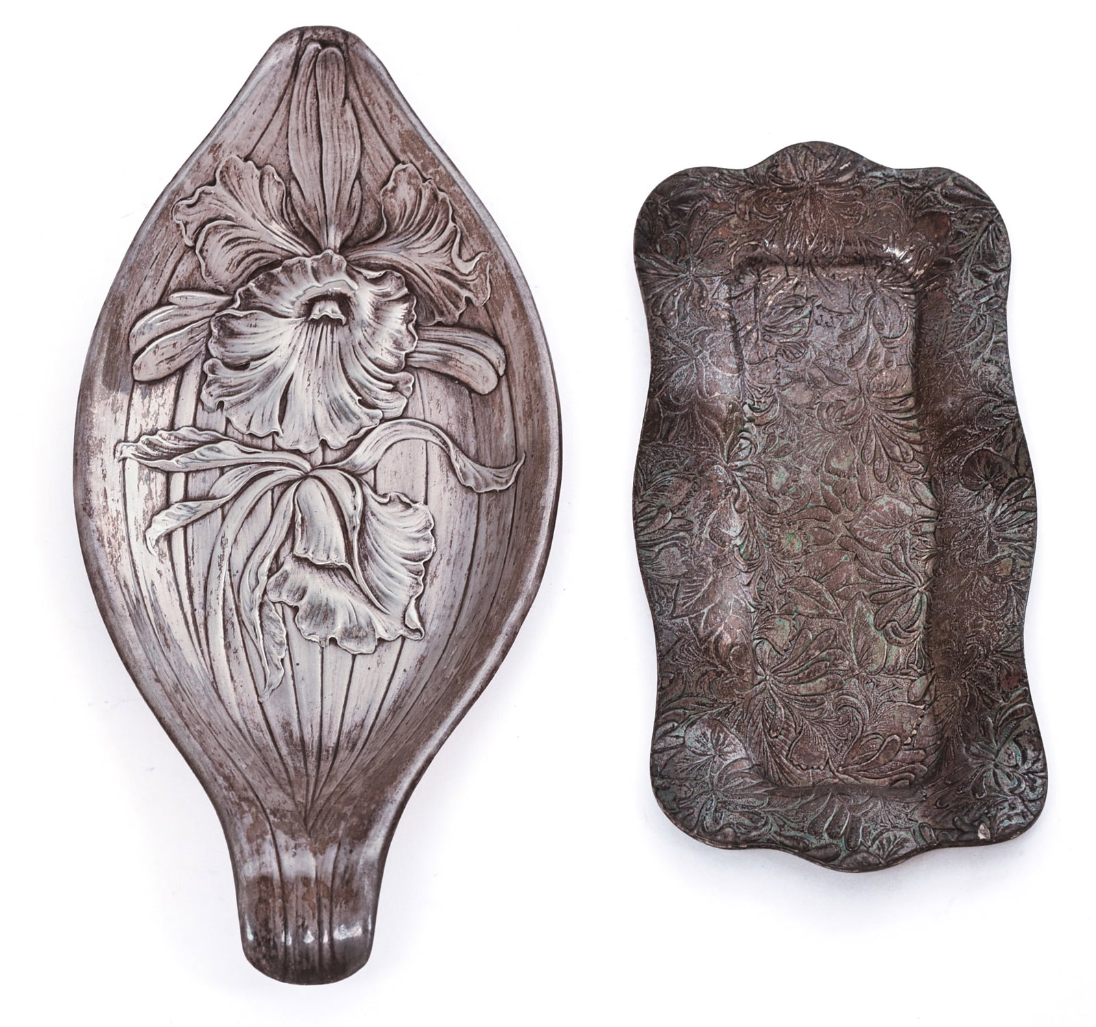 Two Art Nouvea Sterling Silver Trays.: One Wallace, 8 x 4 inches, the other marked sterling. Total weight 170 grams.