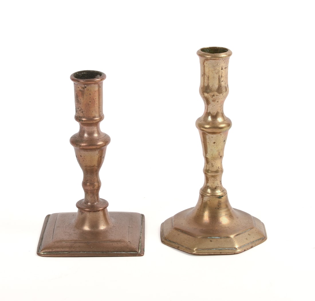 Two 17th or Early 18th Century Brass Candlesticks.: Heights 6 and 7 inches.