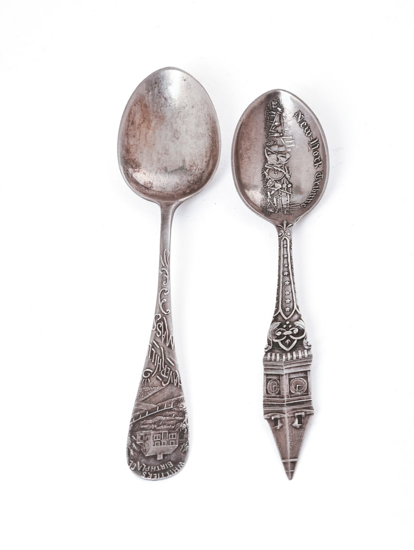 Two Sterling Silver Souveneir Spoons.: One New York Tribune, 1893. The other Haverhill Mass. Lengths 4 and 4.25 inches, 21 grams.