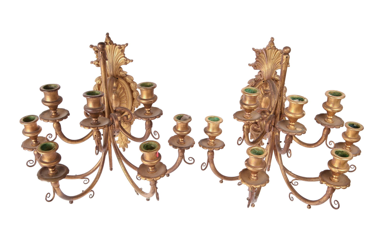 Pair of Ornate Gilt Metal Seven Light Wall Sconces.: Height 14 inches, width 16 inches, depth 10 inches. Not wired for electricity, but drilled and ready to wire.