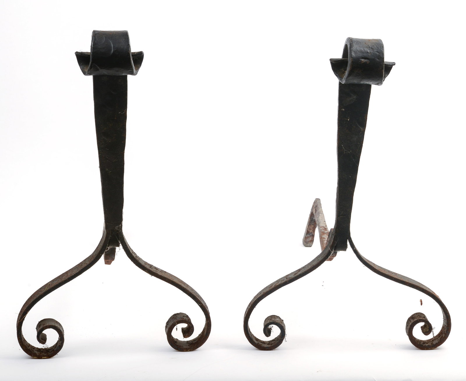 PAIR OF WROUGHT IRON ANDIRONS. (1 of 3)