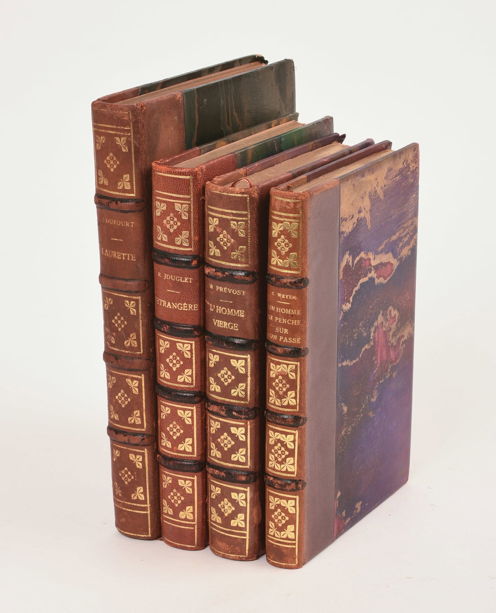 Four French Leather Bound Books.: M. Prevost, R Jouglet, C. Weyer, and J Dufourt. Largest 8.75 x 5.75 inches.