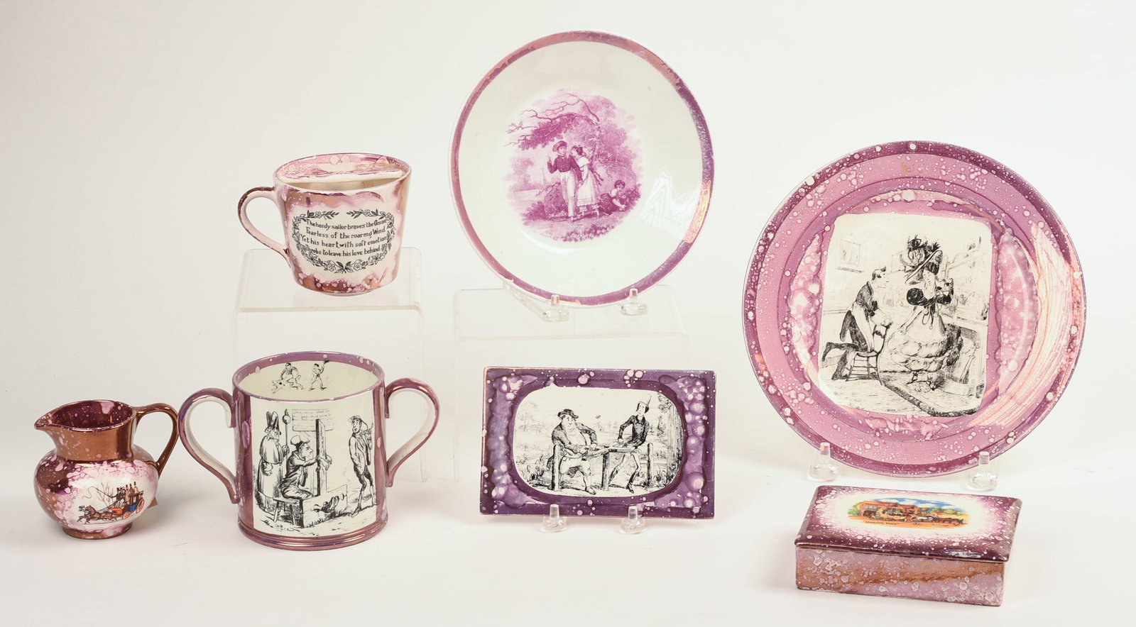 Seven Sunderland Pink Lustre Transfer Printed Wares. (1 of 9)