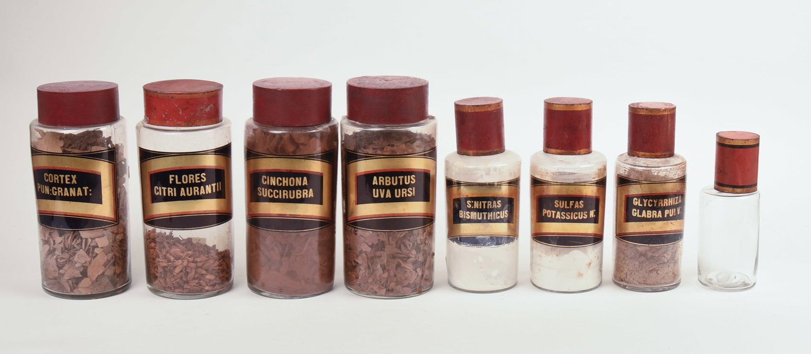 Eight Antique Apothecary Jars.: Heights 7.5 to 10 inches. A few small chips.