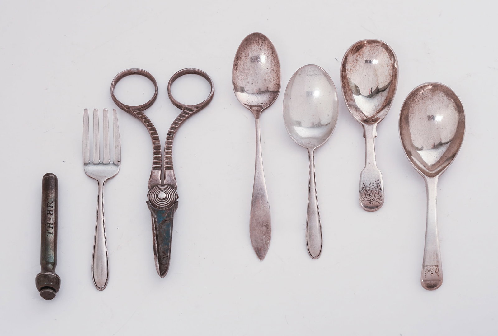 Group of Child's Sterling Flatware and a Pair of Grape Shears.: Length of shears 5.5 inches. 160 grams.