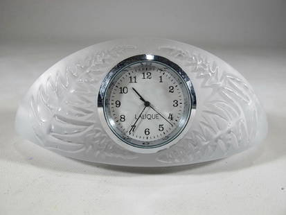 Lalique, France frosted glass oval clock: Lalique, France frosted glass oval clock. 2 1/8 in H x 5 1/8 in W x 2 5/8 in D