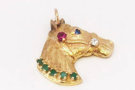 Vintage Pendant  14k Yellow Gold - Emerald & Ruby: Vintage Pendant 14k Yellow Gold - Emerald & Ruby Gemstone -Figural Horse 1.5" L , 4.6 GR