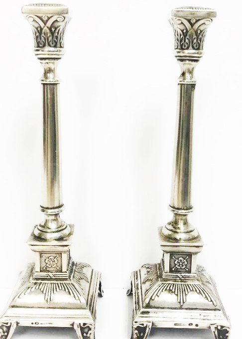 Antique Pair Polish Sterling Silver Candlesticks 10" H (1 of 4)
