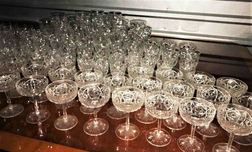 Big Set 111 1920s Baccarat Crystal Glasses Signed: Big Set 111 ,1920s Baccarat Crystal Glasses Signed (36 glasses champagne,30 White wine,27 liqueur ,12 Water,6 Red wine)glasses champagne h 5 1/4 in.x diam 3 3/4 in.liqueur 5 3/4 x 2 1/2White wine 6 3/