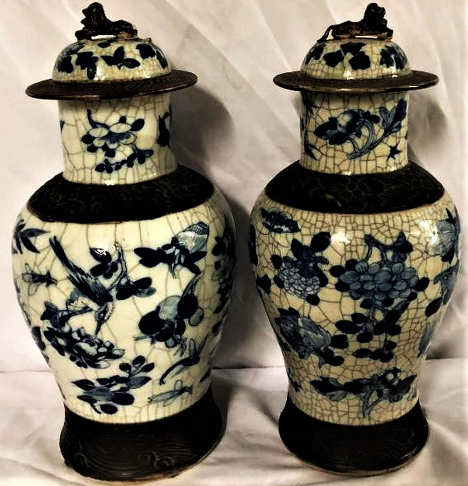 Antique Chinese Blue&White Vase Brown Etched Foo Dog (1 of 11)