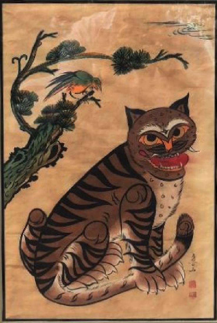 19thc Korean Folk Art Scroll Painting watercolor (1 of 3)