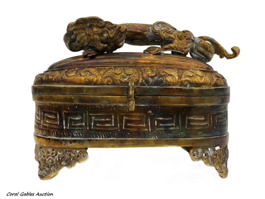 vintage chinese bronze witch dragon box: vintage chinese bronze witch dragon box MEASURES 5.5 W X 4.5 L