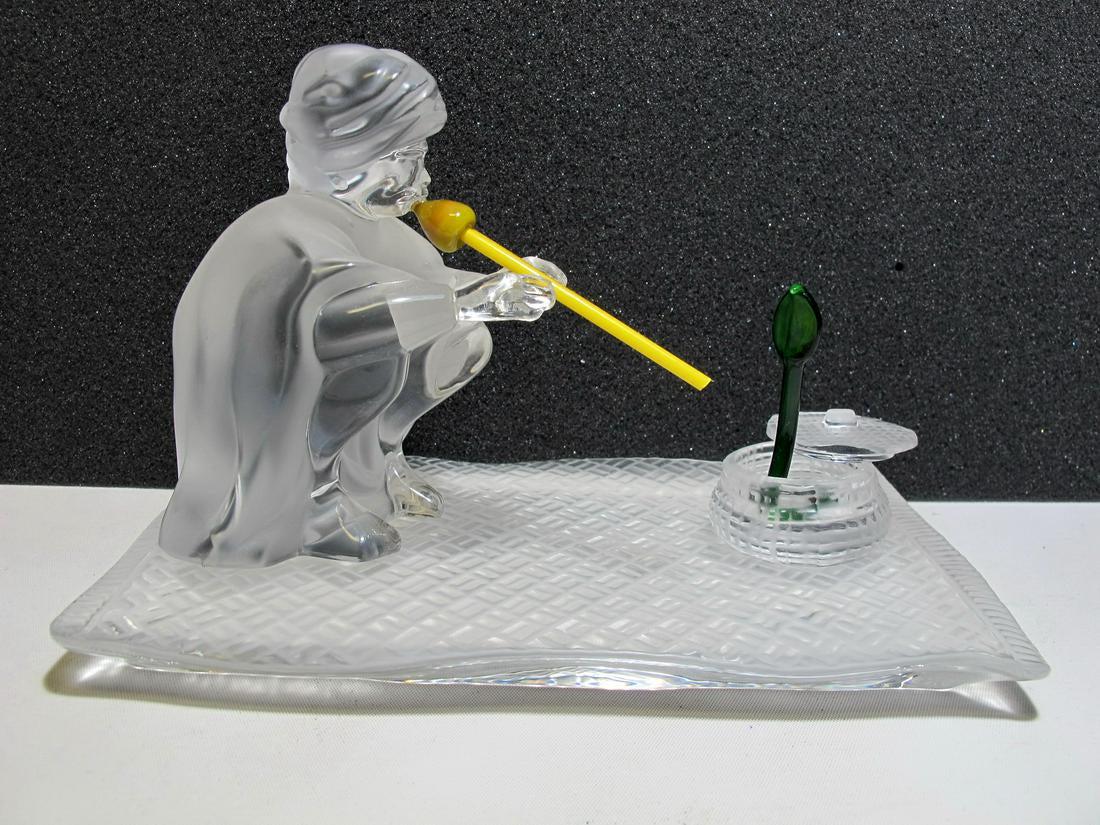 St Louis Orientalist crystal frosted sculpture: St Louis Orientalist crystal frosted sculpture, signed. Tray: 6 7/8 in H x 3 7/8 in W. Man: 3 3/4 in H x 2 5/8 in W x 4 1/4 in D. Snake: 2 1/8 in H x 2 in W x 1 1/2 in D