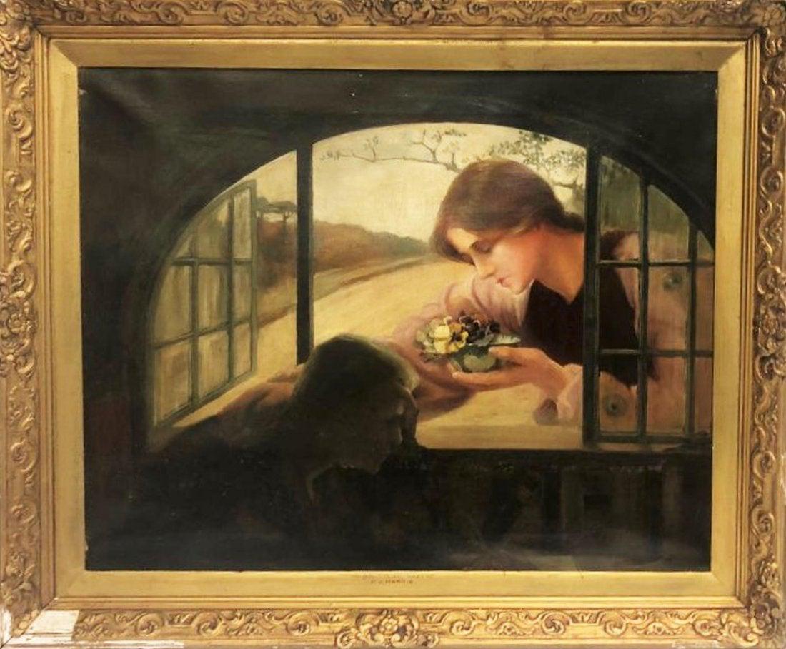 W. J. Harris "The Floral Token " Signed: W. J. Harris "The Floral Token " Signed , Pre raphaelite oil on canvas 24x30 inches,