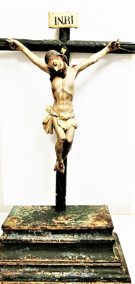 ANTIQUE Spanish colonial carved and polychromed Corpus: ANTIQUE Spanish colonial carved and polychromed Corpus Christi, 18th/19th century.measures