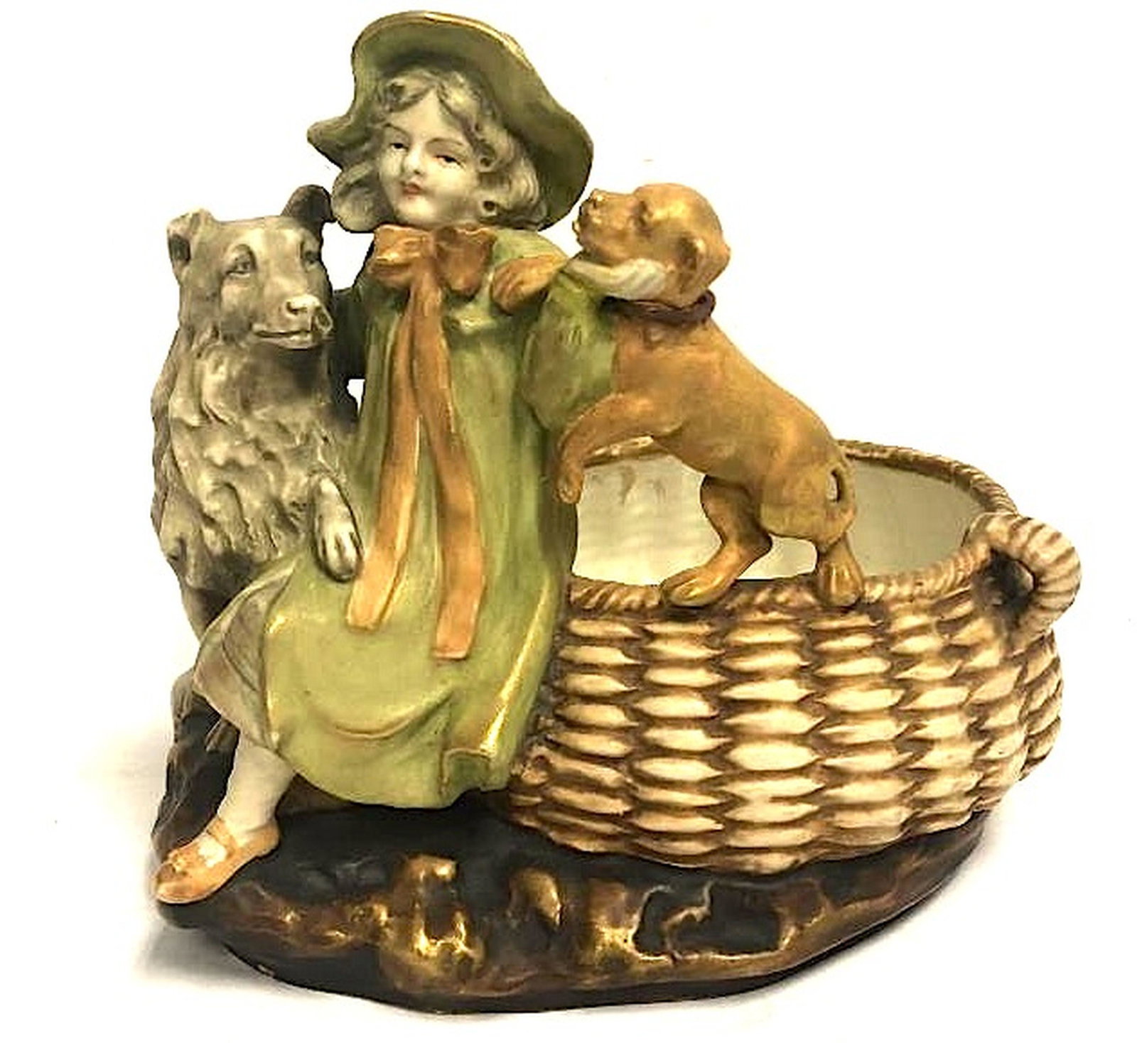 Antique Amphora Art Nouveau group: Antique Amphora Art Nouveau group, girl with two dogs measures 8 H X 7 W INCHES