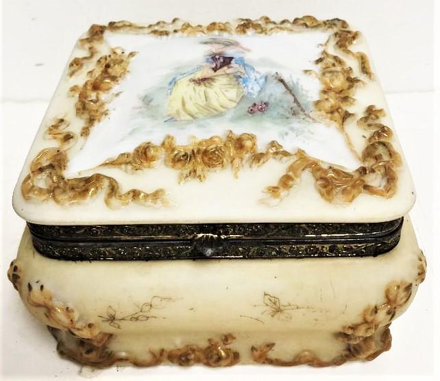 Antique Enamel Glass & Ormolu Jewelry box: Antique Enamel Glass & Ormolu Jewelry box measures 4 h x 7 w inches