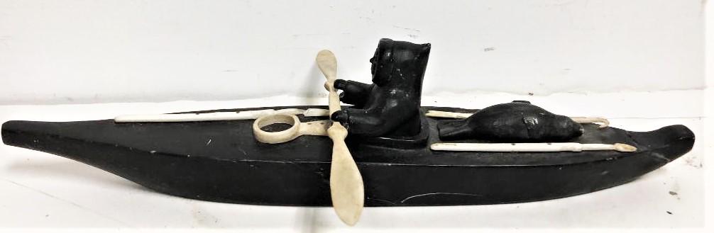 Vintage 1966 Eskimo Inuit Soapstone Carving: Vintage Eskimo Inuit Soapstone Carving - Inuit Kayak Hunter Black Soapstone & Bone - Artist Signed"Alaskan Native Handicraft measures 14 l x 8 w inches