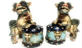 PAIR OF CHINESE MING DYNASTY GLAZED STONEWARE FOO DOG: PAIR OF CHINESE MING DYNASTY GLAZED STONEWARE FOO DOG ,measures 11" H x 10" L