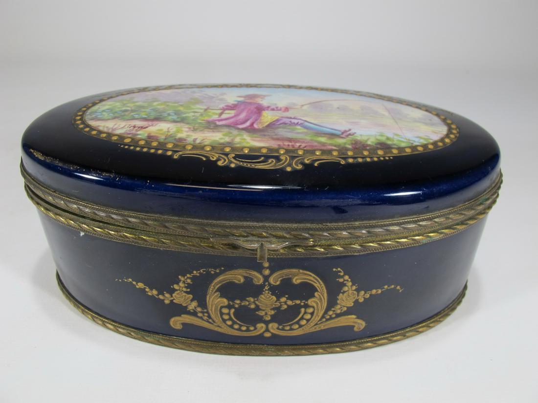 Antique French probably Limoges porcelain box, signed: Antique French probably Limoges porcelain box, signed. 2 3/4” H x 7 1/4” W x 4 1/4” D