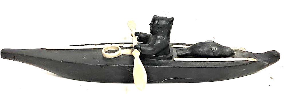 Vintage 1966 Eskimo Inuit Soapstone Carving: Vintage Eskimo Inuit Soapstone Carving - Inuit Kayak Hunter Black Soapstone & Bone - Artist Signed"Alaskan Native Handicraft measures 14 l x 8 w inches