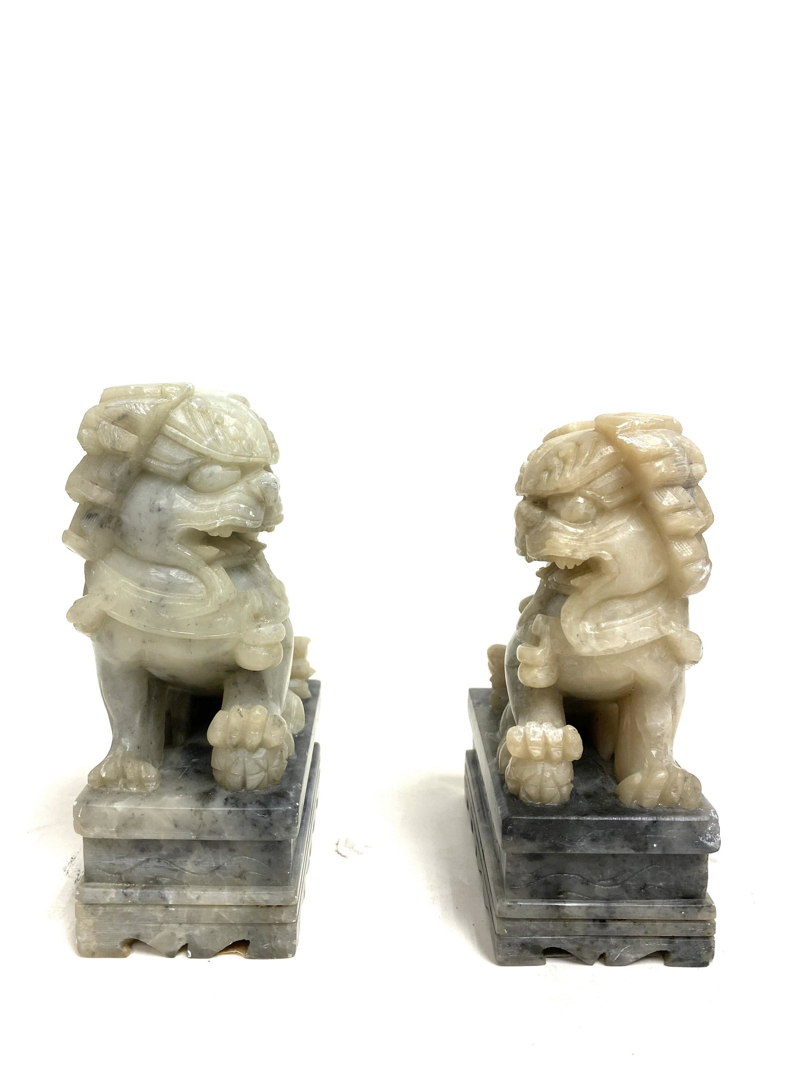 Pair of Ancient Chinese Green Jade Statues of Natural: Pair of Ancient Chinese Green Jade Statues of Natural Green Jade: Foo Dog Lion Carvings measures 6l x 4.5 h inches
