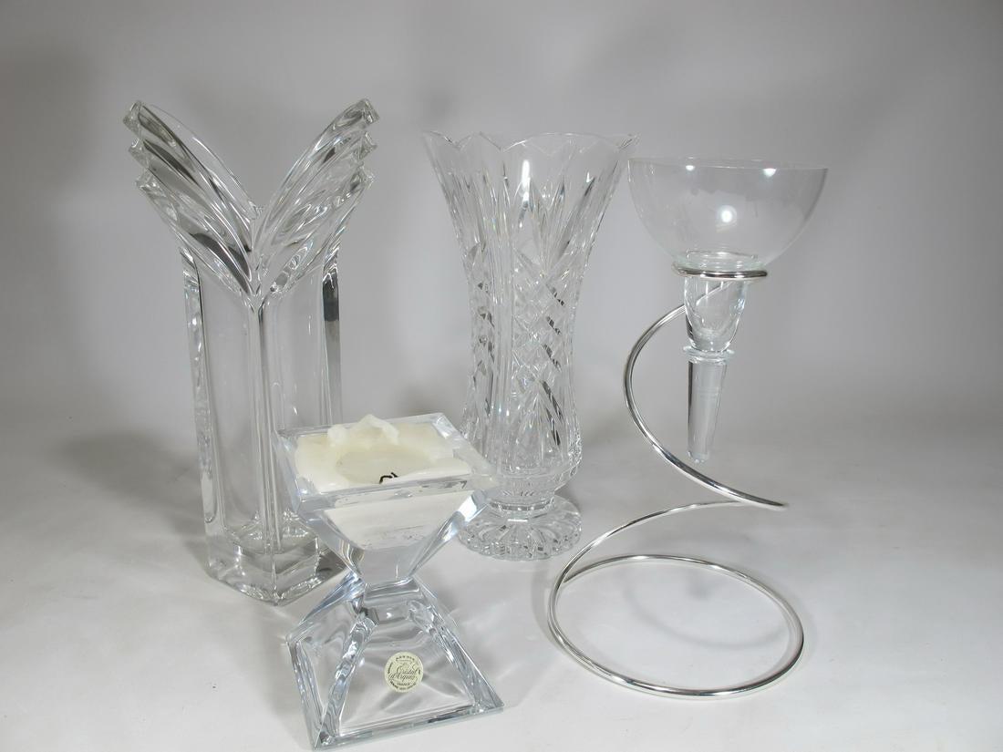 Lot of 4 Rosenthal, Waterford & others crystal pieces: Lot of 4 Rosenthal, Waterford & others crystal pieces. Rosenthal flower stand: 10 1/2 in H x 6 in W. Waterdord vase: 10 7/8 in H x 5 1/2 in W. French candle stand: 5 1/8 in H x 3 3/4 in W x 3 3/4 in D