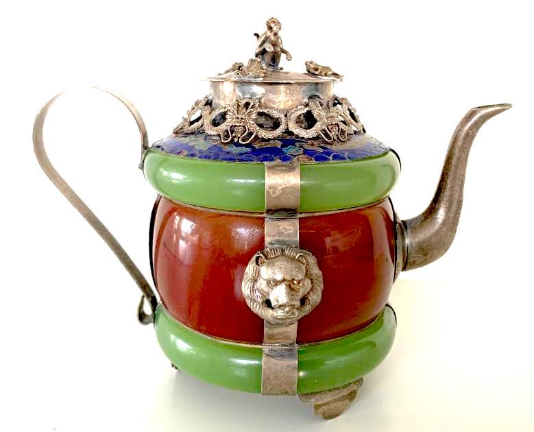 "China Opium Pot Late Nineteenth Form Of Teapot Signed: "China Opium Pot Late Nineteenth Form Of Teapot Signed Enamel Jade And Silver Dragon Monkey Frog measures 4 h x 5.5 w inches