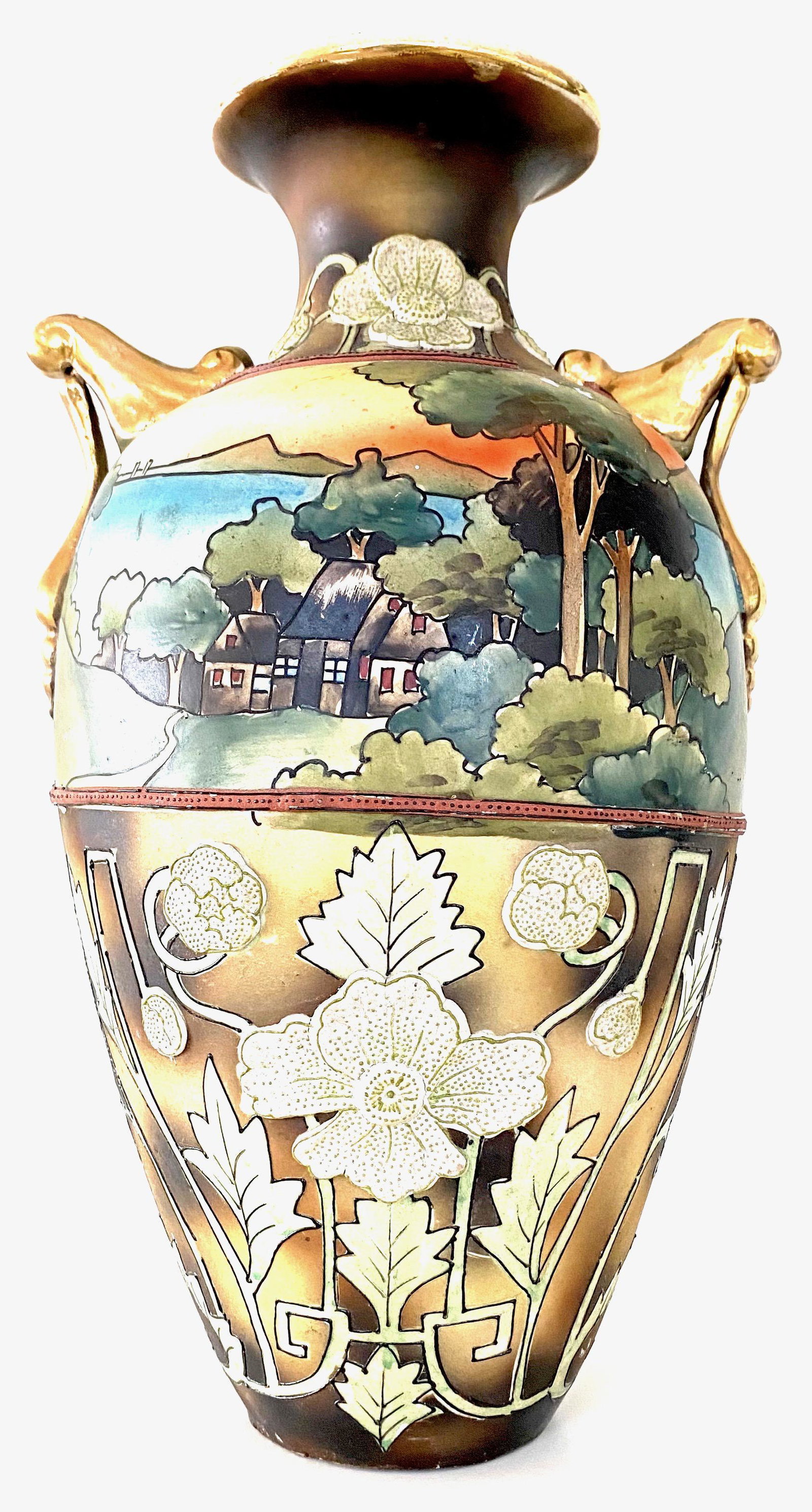 Porcelain Nippon Handled Vase, Century Hand-pained (1 of 5)