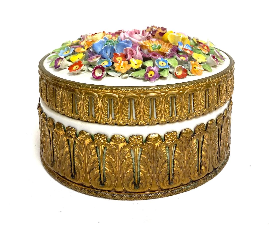 vintage brass overlay and porcelain trinket box: vintage brass overlay and porcelain trinket box 6"x 6" inches