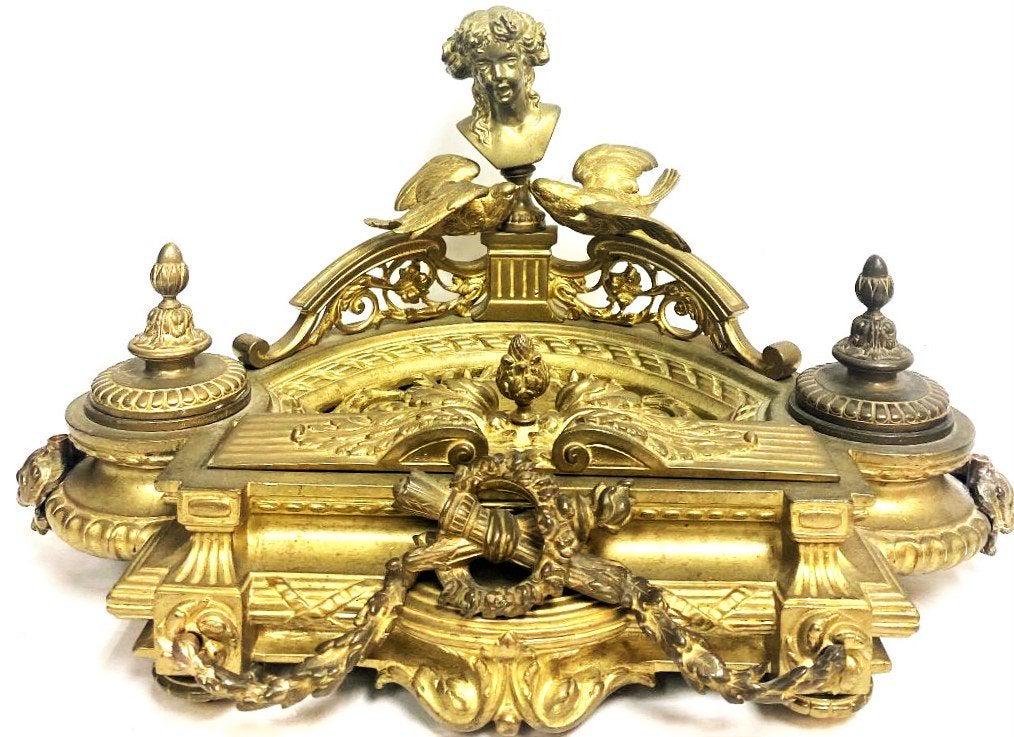 Antique Louis XV Style Ormolu Figural Inkwell: Antique Louis XV Style Ormolu Figural Inkwell ,measures 9\" H x 16 W INCHES